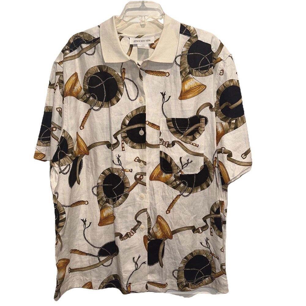 Vintage Jones New York Women 20 Linen Equestrian ButtonShort Sleeve Blouse Artsy